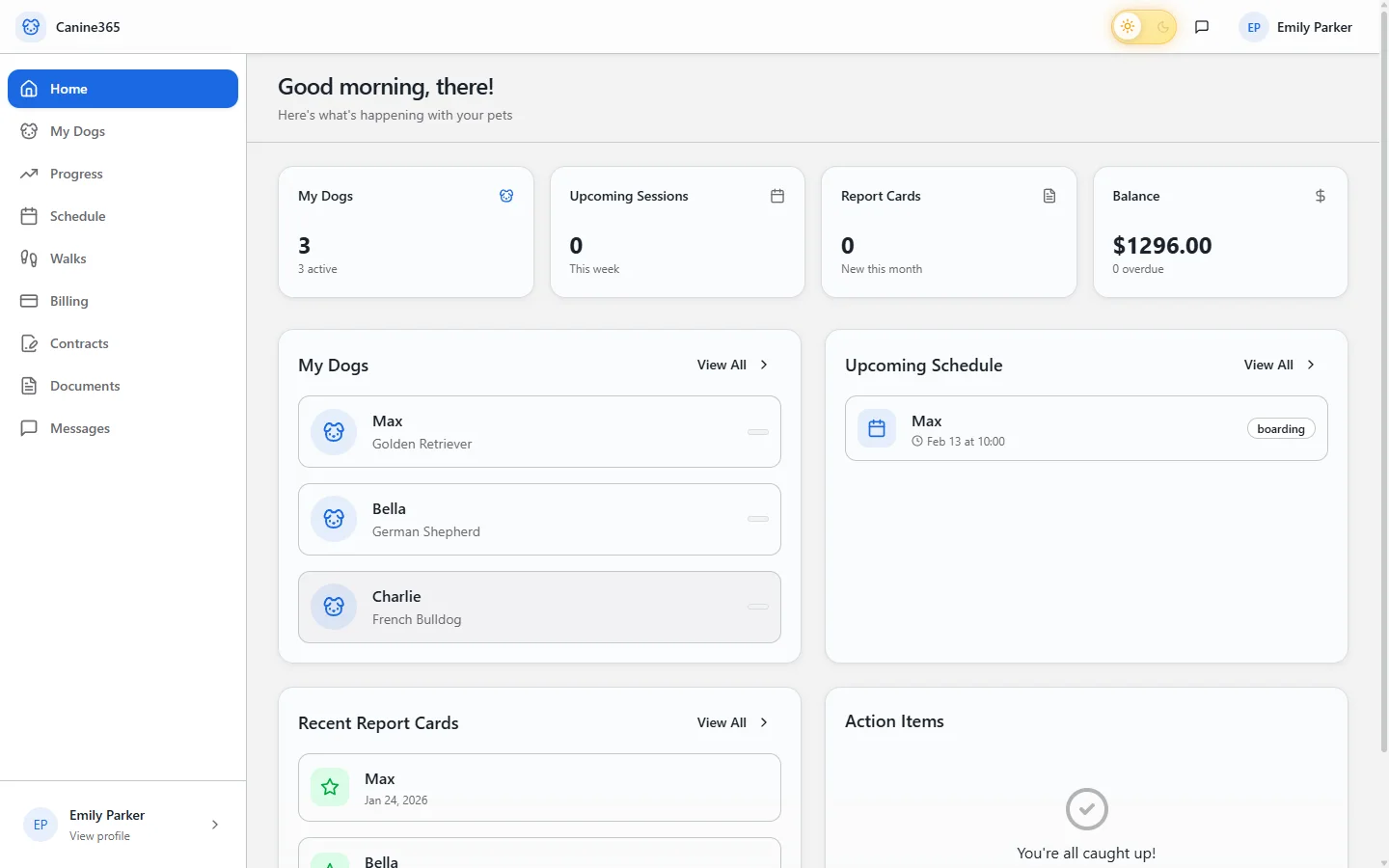 Canine365 client portal showing dog profiles, an upcoming visit, report cards and navigation to contracts, billing and messages