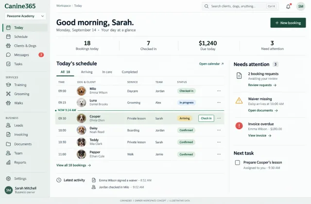 Canine365 Today screen with dog-service bookings and client follow-ups